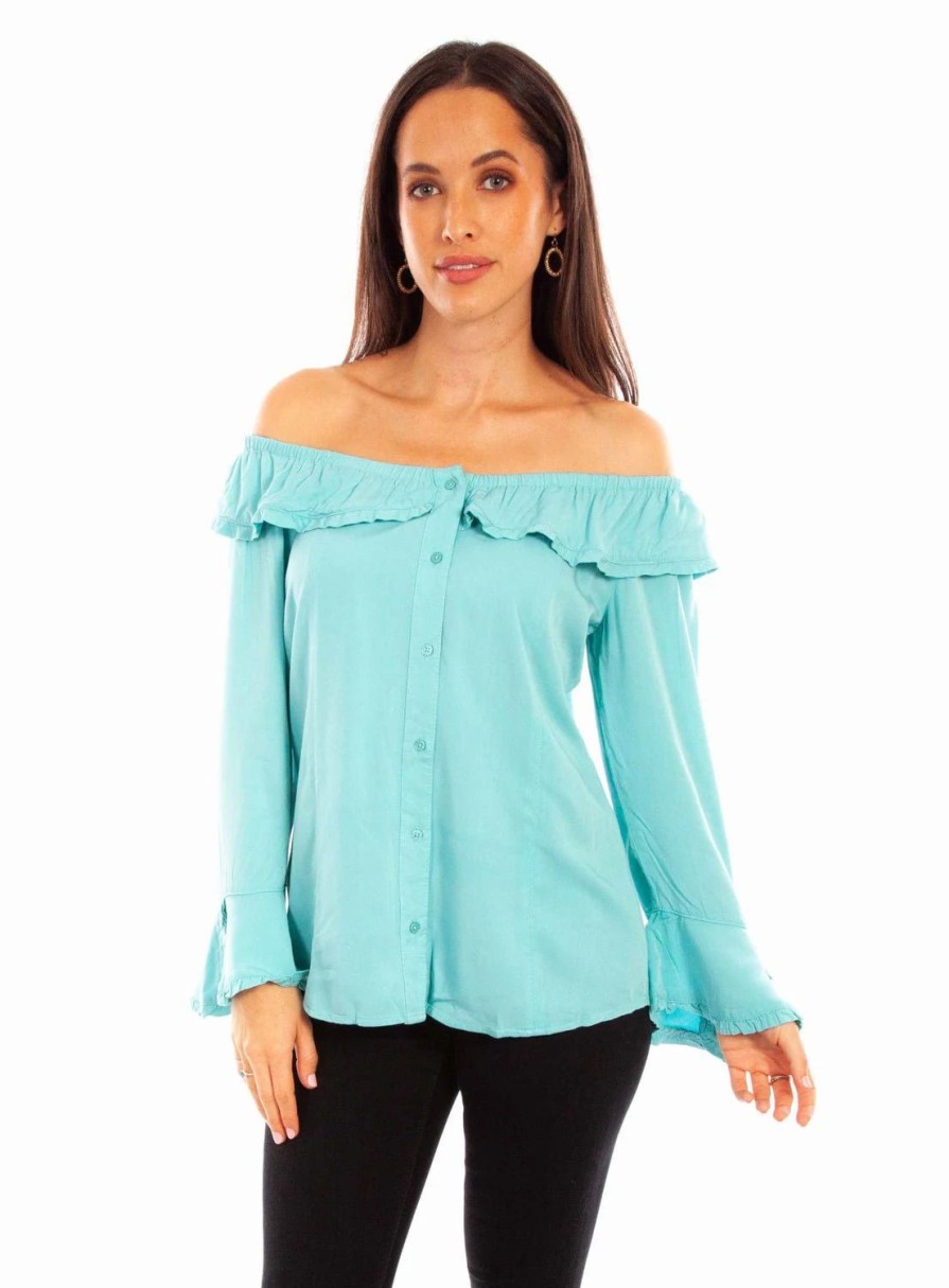 Dresses * | Scully Womens Turquoise Rayon Drapey Ruffle L/S Dress