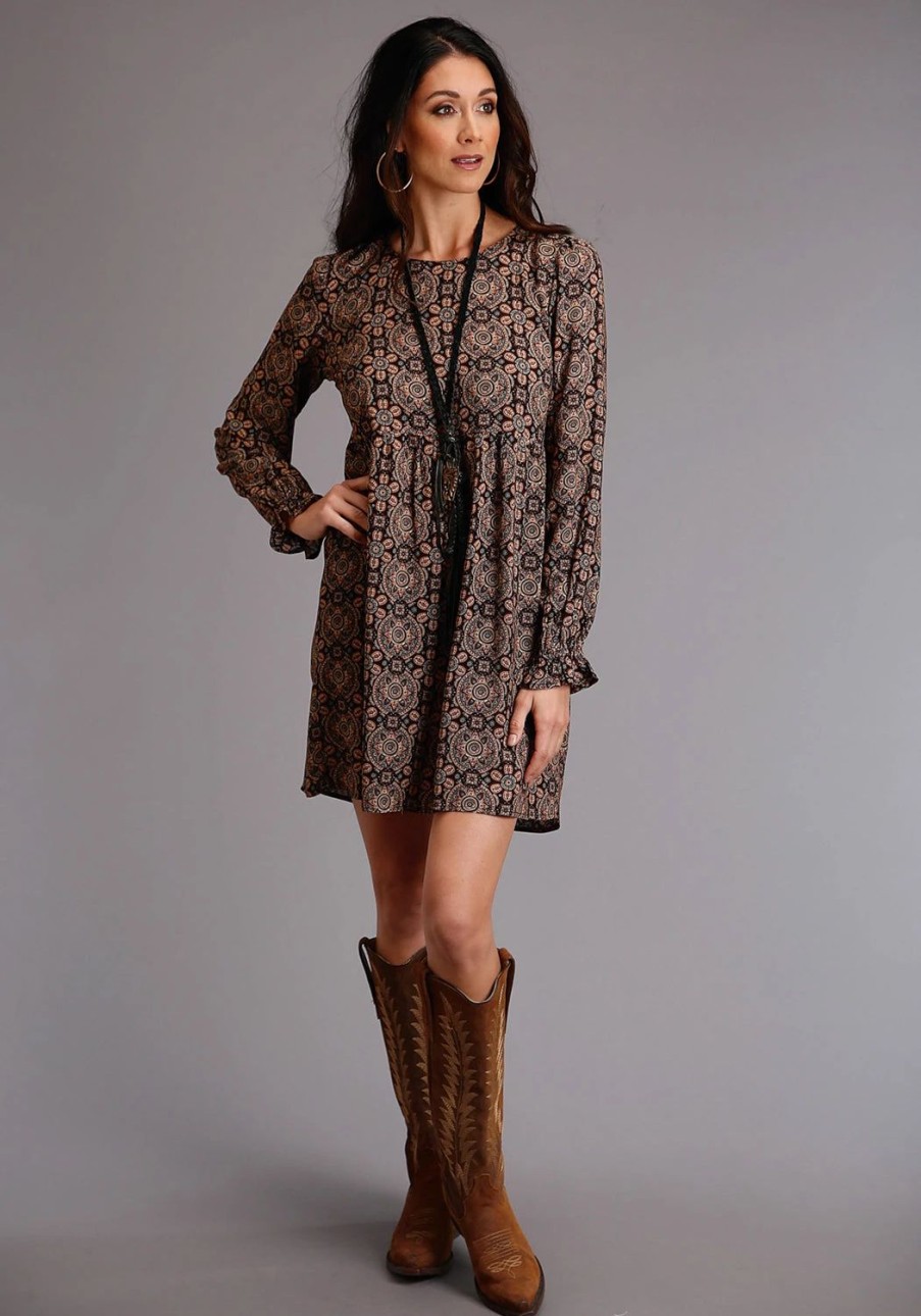 Dresses * | Stetson Womens Brown Rayon/Nylon Paisley Print L/S Dress