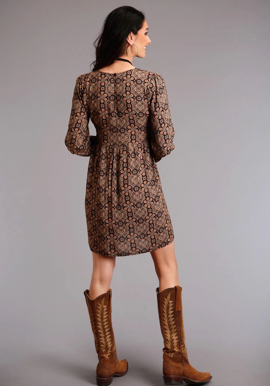 Dresses * | Stetson Womens Brown Rayon/Nylon Paisley Print L/S Dress