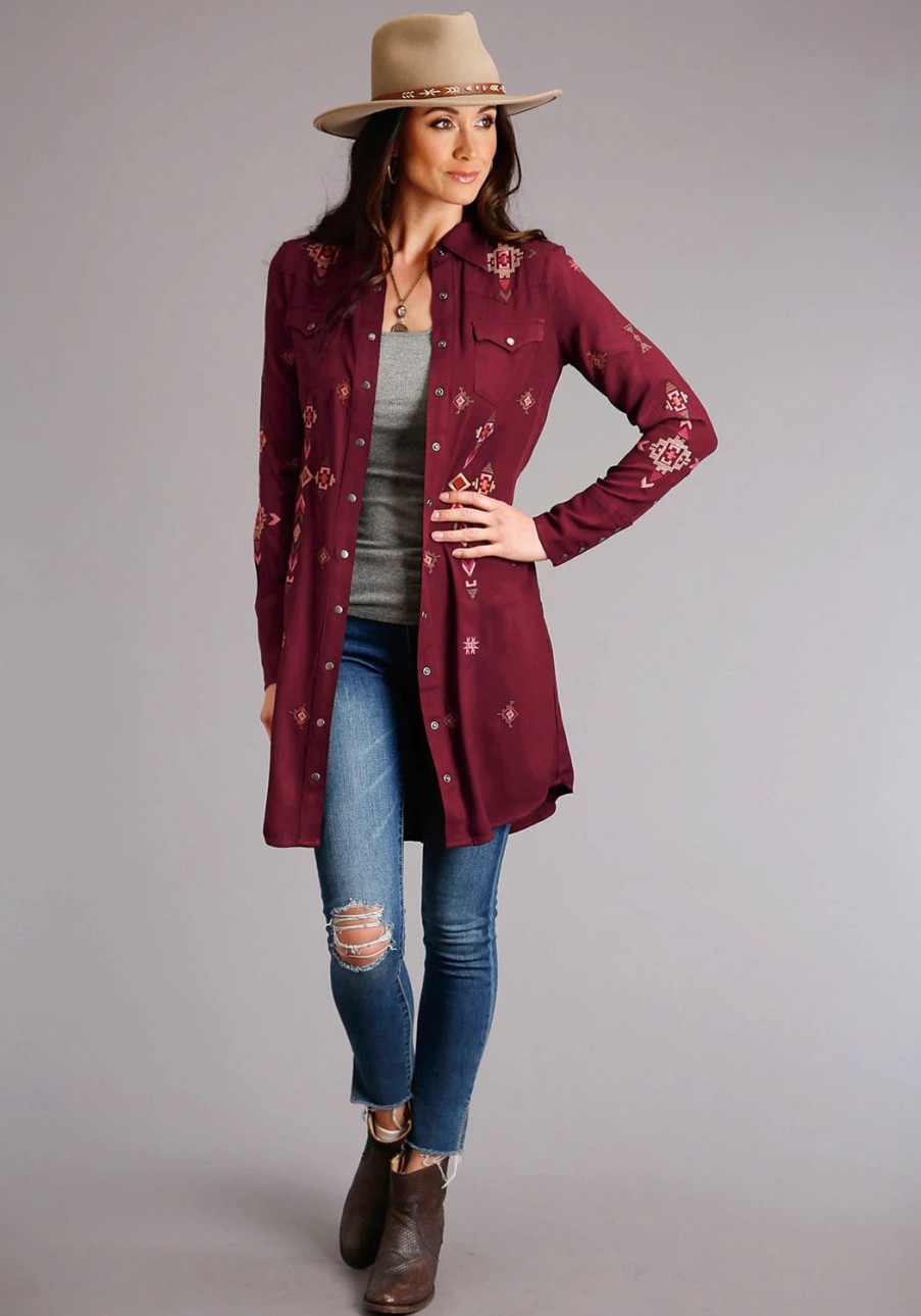 Dresses * | Stetson Womens Deep Wine Rayon/Nylon Western Snap L/S Dress