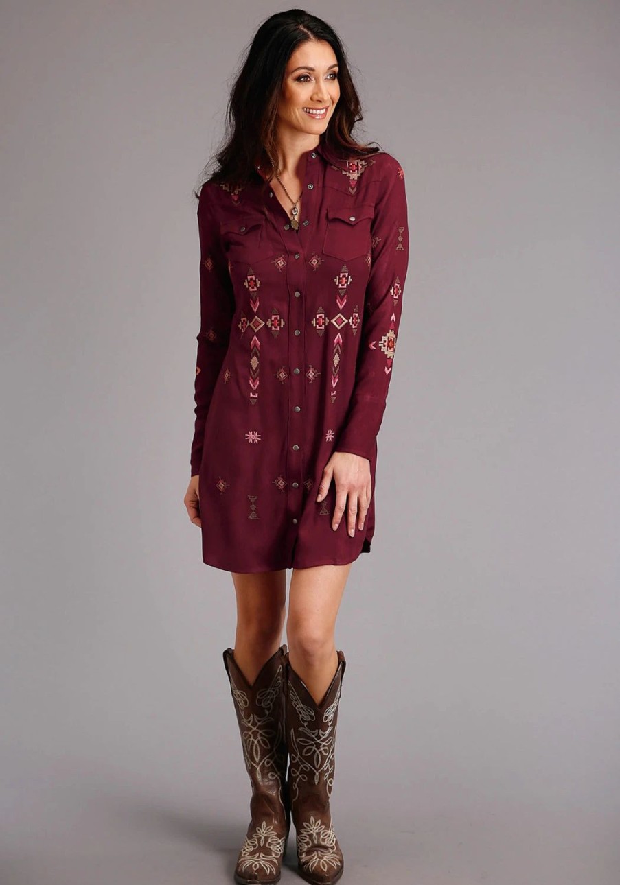 Dresses * | Stetson Womens Deep Wine Rayon/Nylon Western Snap L/S Dress