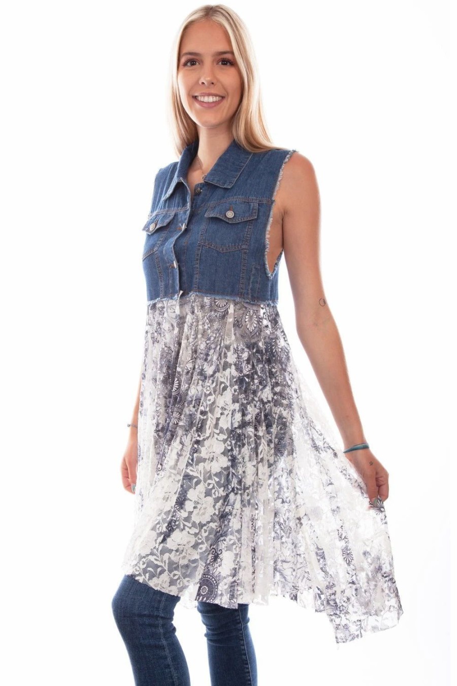 Dresses * | Scully Womens Denim 100% Cotton Full Lace S/L Dress