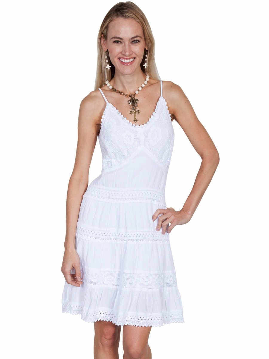 Dresses * | Scully Womens White 100% Cotton Crochet S/L Dress