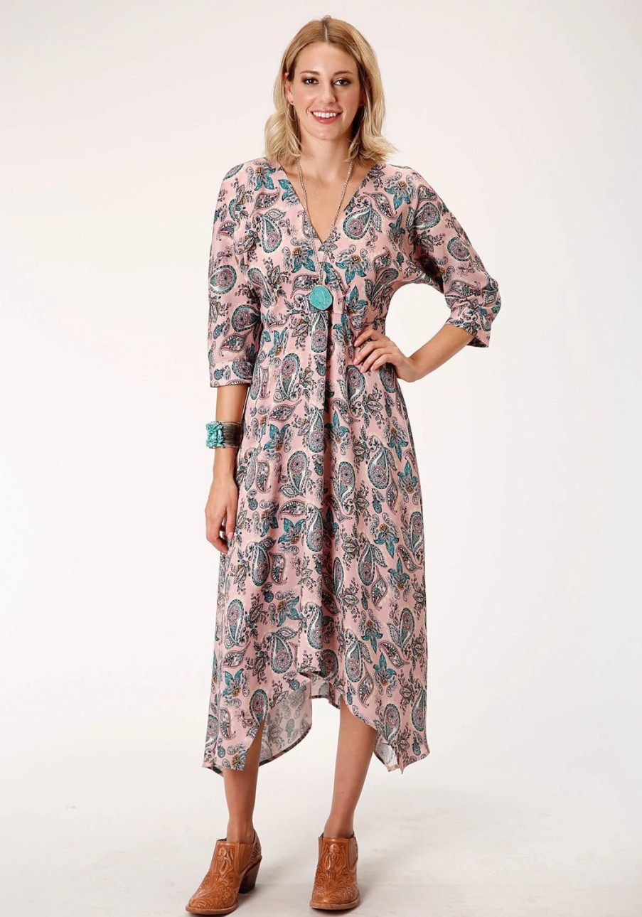 Dresses * | Roper Womens Pink Rayon/Nylon Prairie Paisley S/S Dress