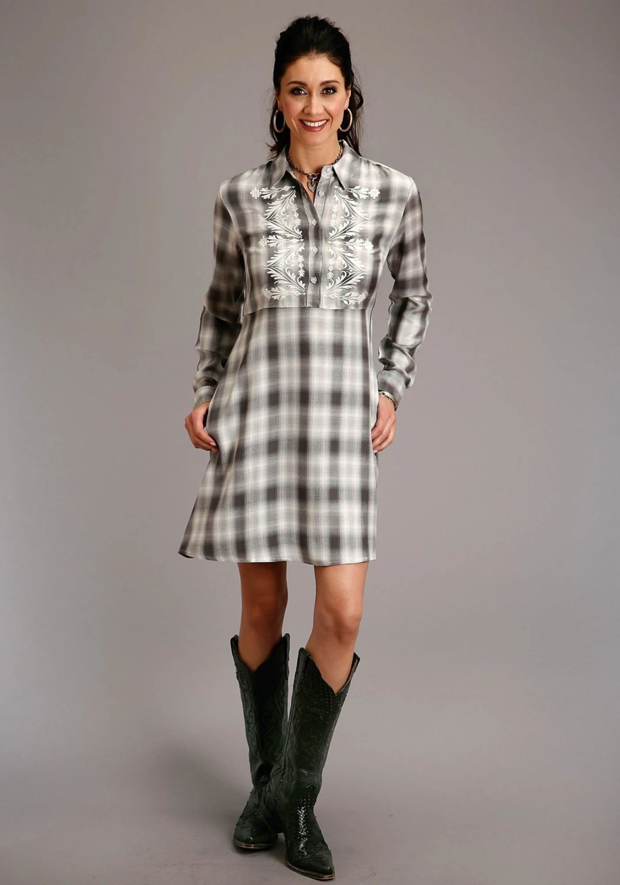 Dresses * | Stetson Womens Smokey Grey Rayon/Nylon Ombre Plaid L/S Dress