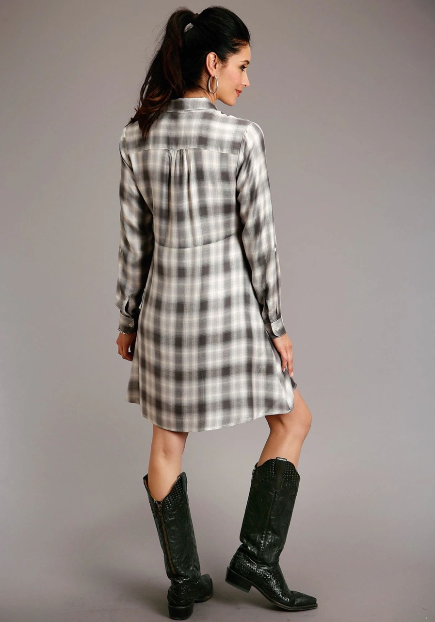 Dresses * | Stetson Womens Smokey Grey Rayon/Nylon Ombre Plaid L/S Dress