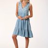 Dresses * | Roper Womens Blue 100% Cotton Three-Tiered S/L Dress