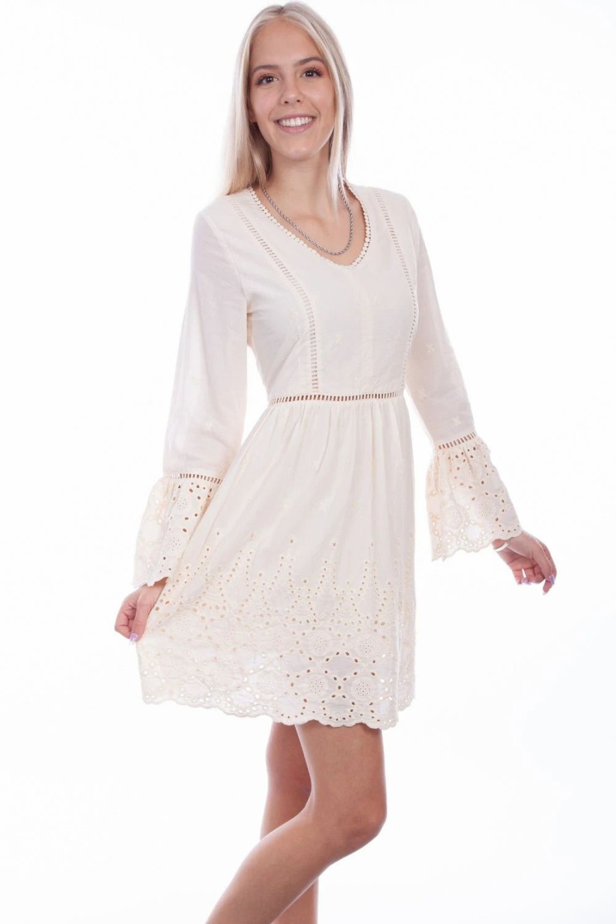 Dresses * | Furmo Scully Womens Ivory 100% Cotton Ladder Lace L/S Dress S