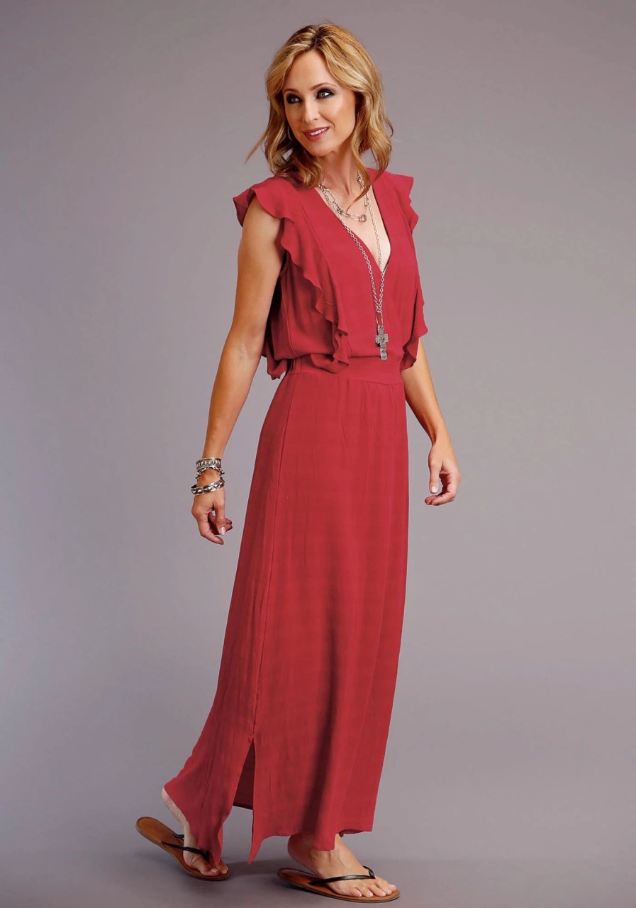 Dresses * | Stetson Womens Red Rayon/Nylon Cross Front Long S/L Dress