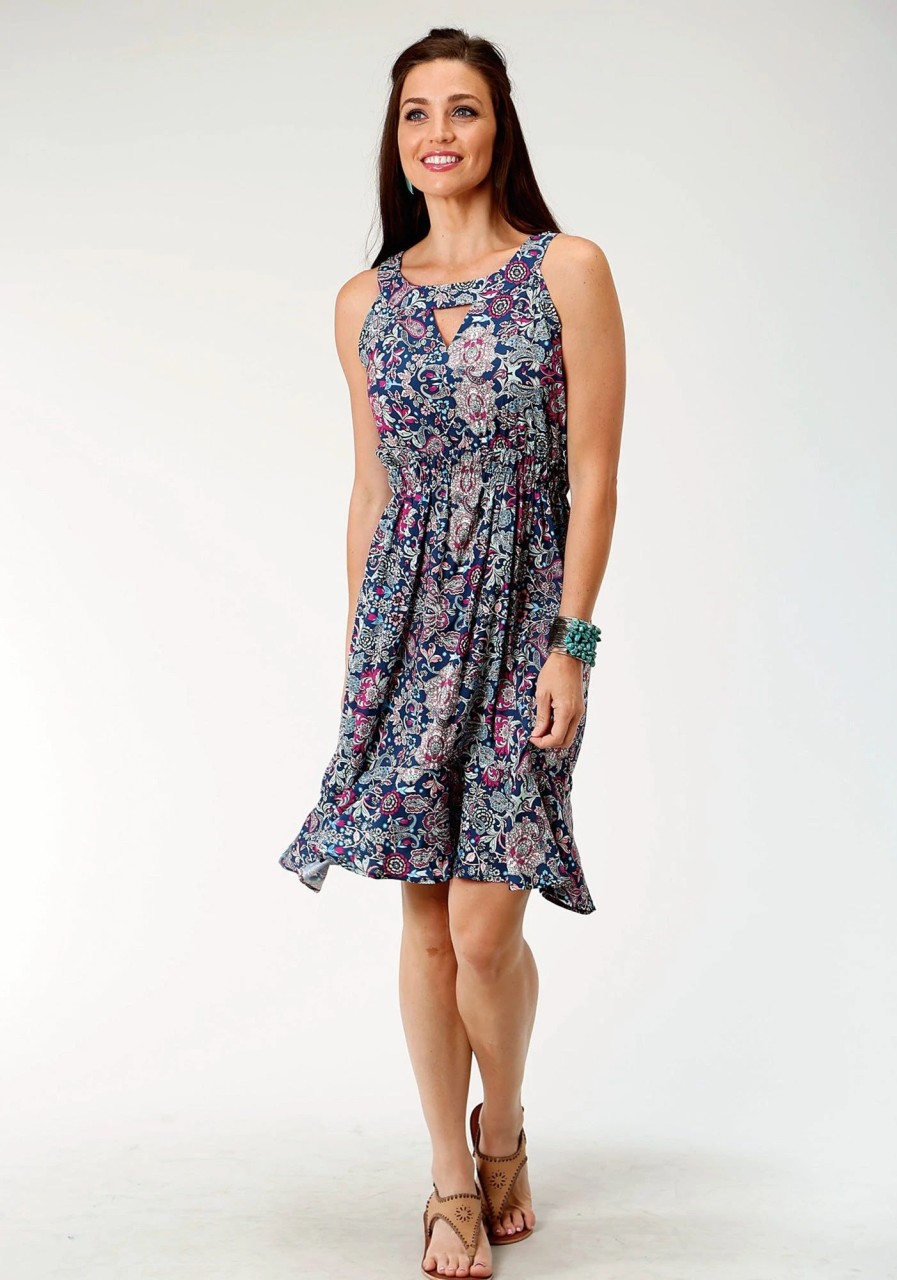 Dresses * | Roper Womens Blue Polyester Paisley Floral S/L Dress