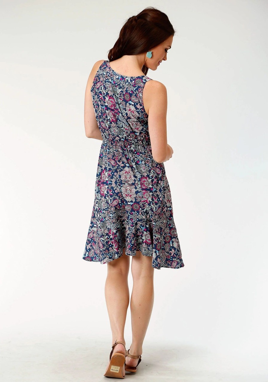 Dresses * | Roper Womens Blue Polyester Paisley Floral S/L Dress