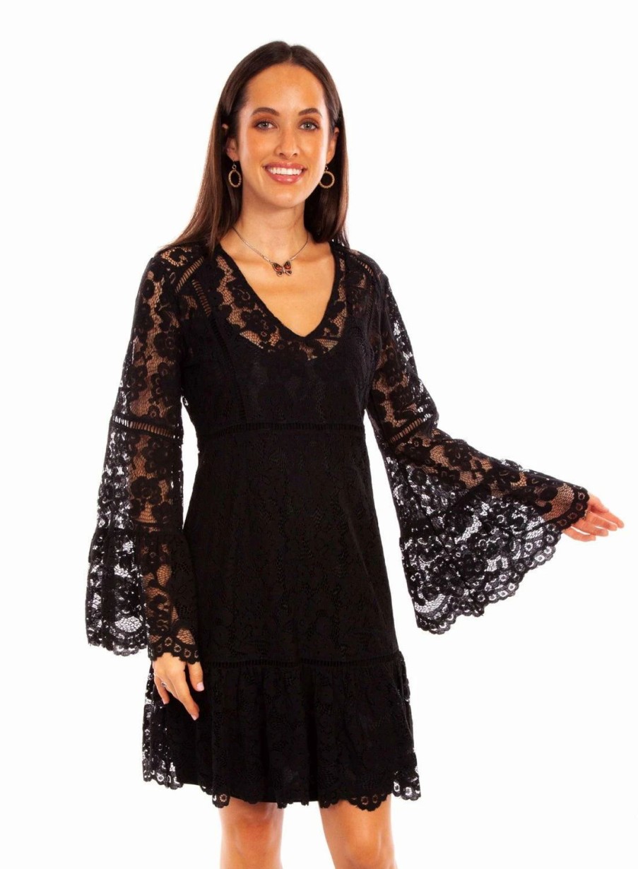 Dresses * | Scully Womens Black Cotton Blend 2-Piece Lace L/S Dress