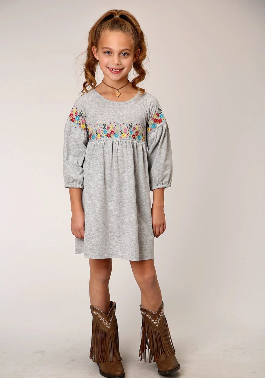 Dresses * | Roper Girls Grey Cotton Blend Milange Floral S/S Dress