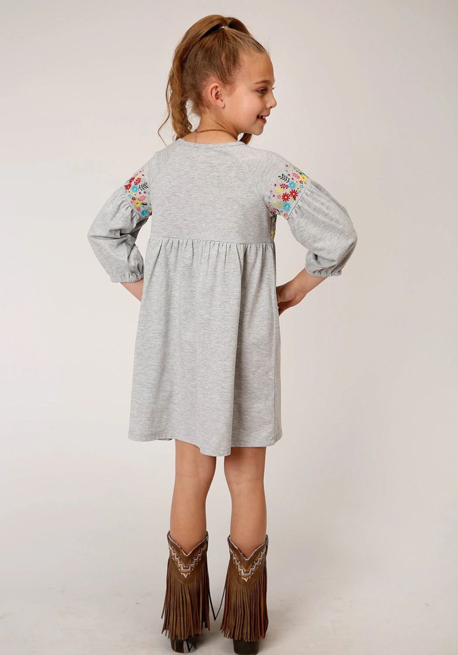 Dresses * | Roper Girls Grey Cotton Blend Milange Floral S/S Dress