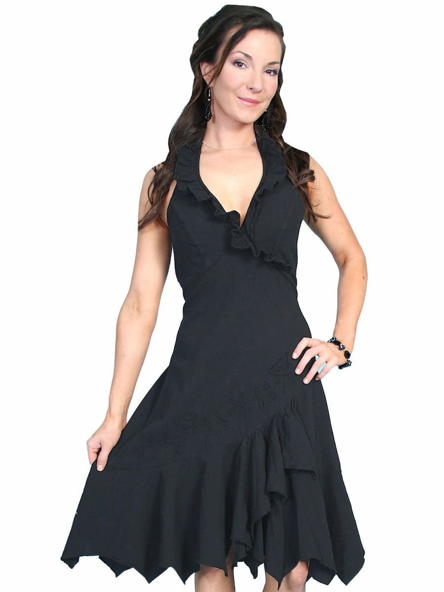 Dresses * | Scully Cantina Collection Halter Dress Black 100% Cotton Ruffled