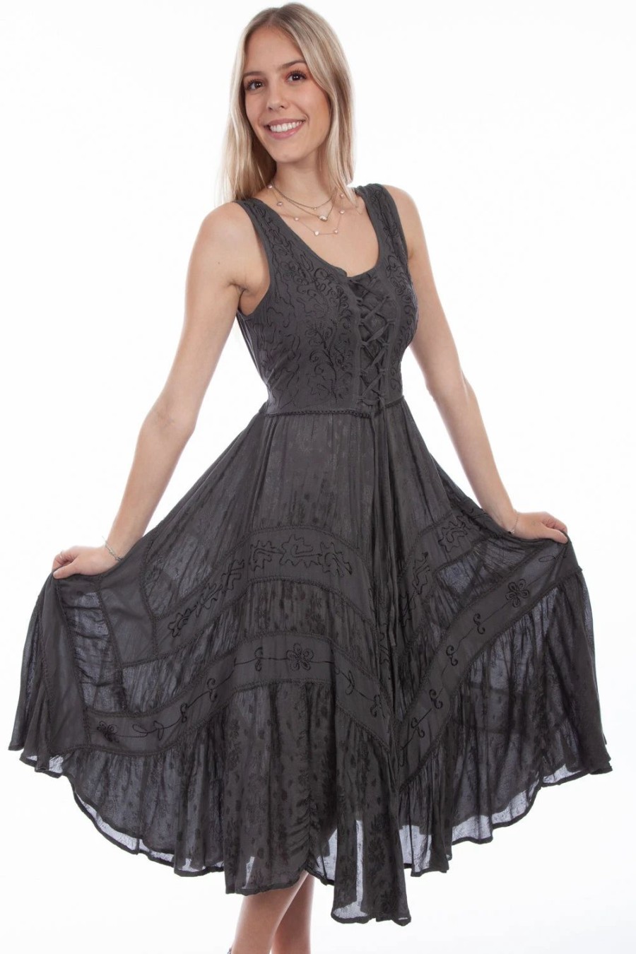 Dresses * | Scully Womens Gunmetal Rayon Lace Front S/L Dress