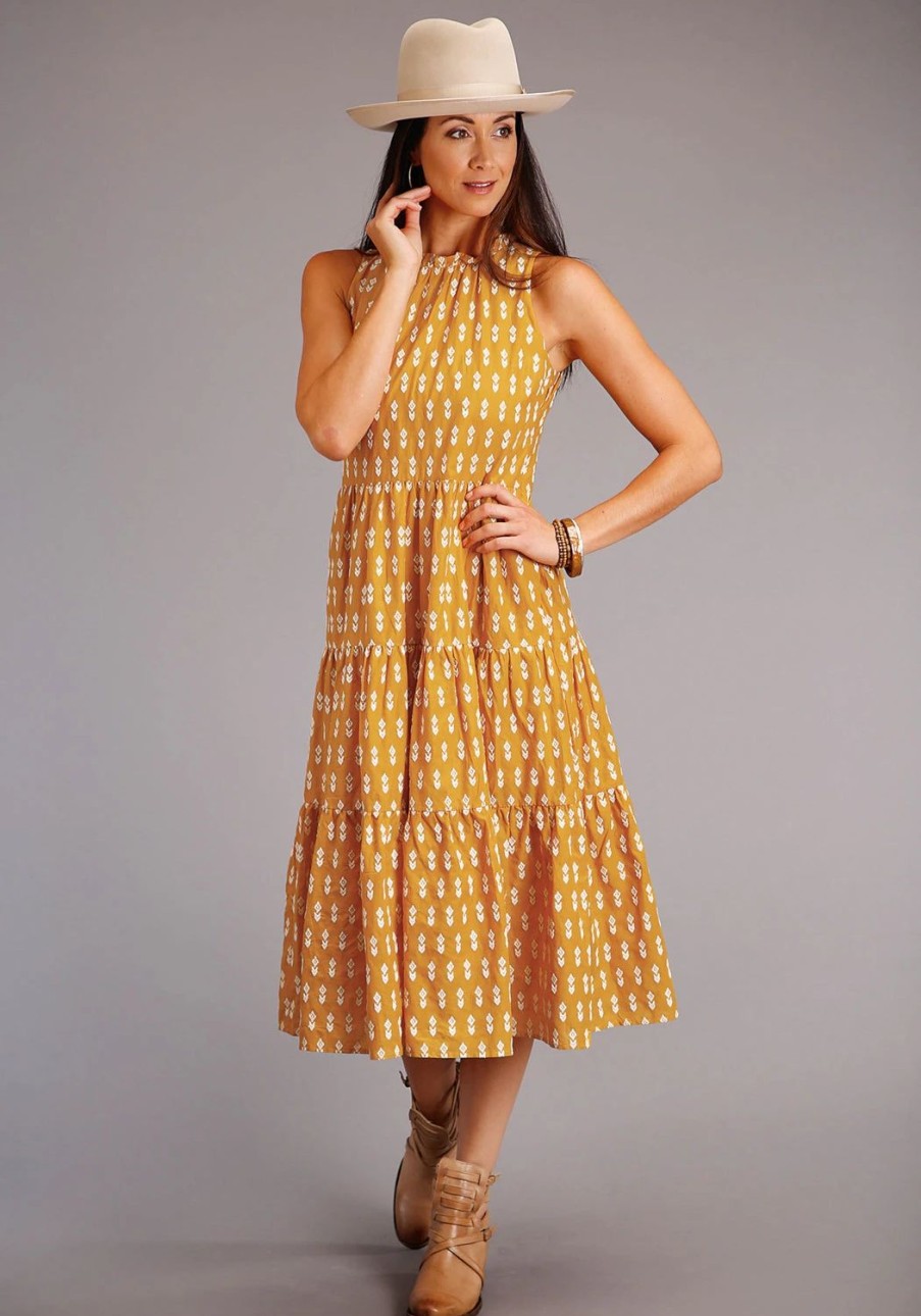 Dresses * | Stetson Womens Yellow 100% Cotton Aztec Schiffli S/L Dress