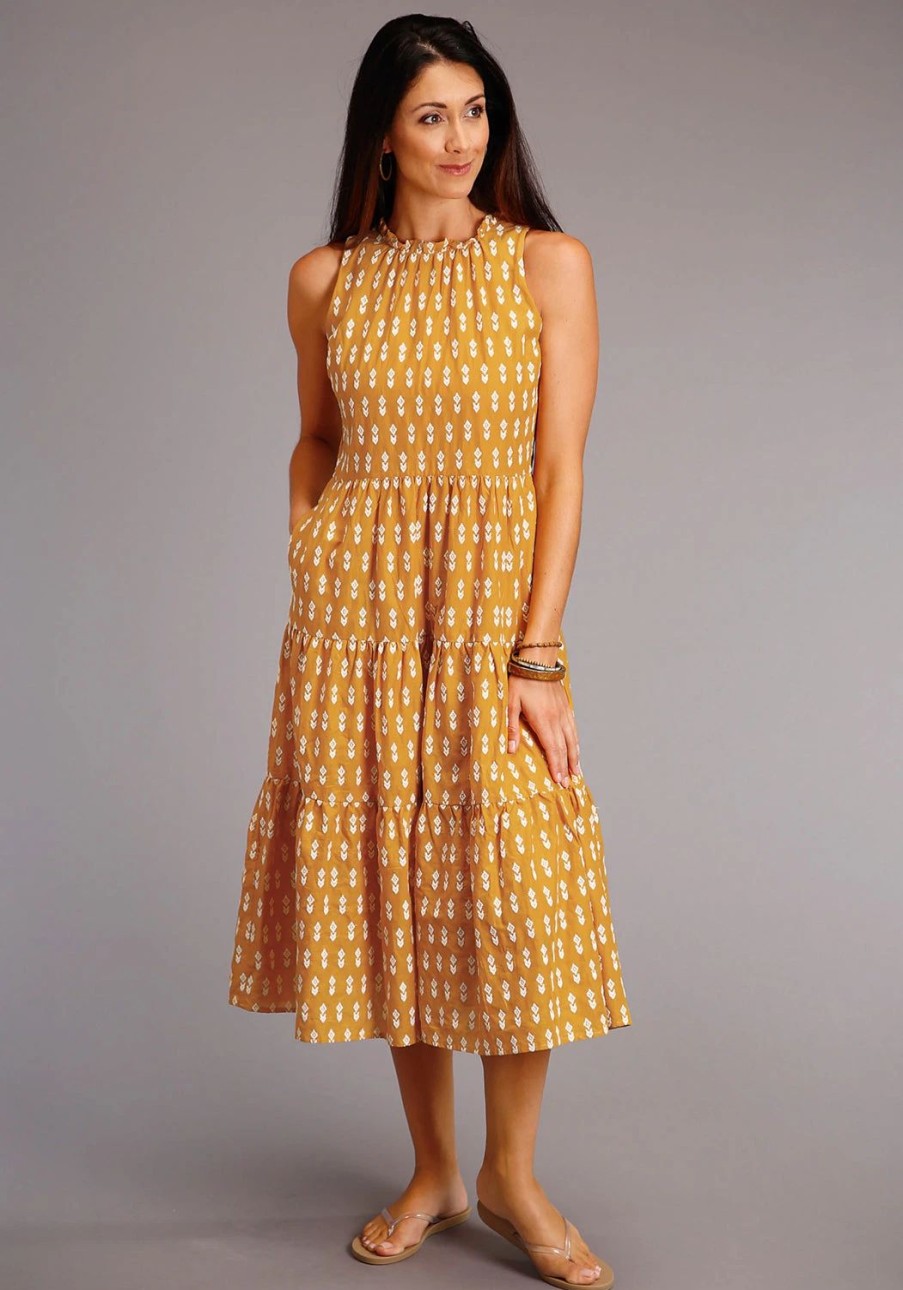 Dresses * | Stetson Womens Yellow 100% Cotton Aztec Schiffli S/L Dress