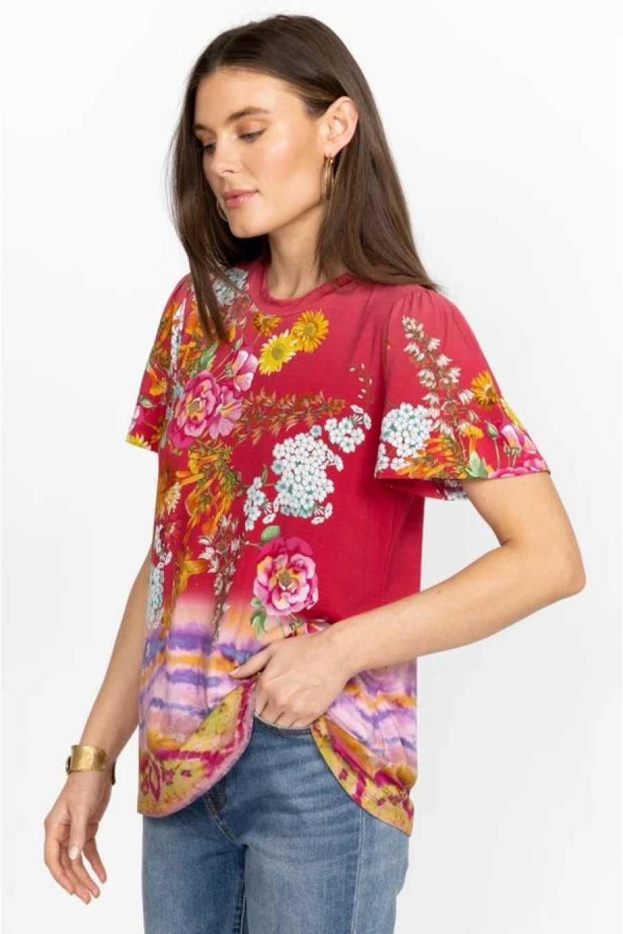 Tees & Tanks * | Golden Rose Flutter Sleeve Tee Multi