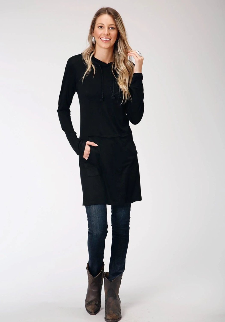 Dresses * | Roper Womens Black Polyester Hooded L/S Dress