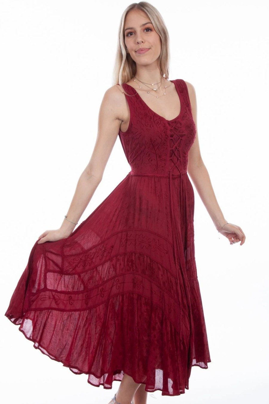 Dresses * | Scully Honey Creek Womens Burgundy Rayon Lace Up Peasant Tiered Dress