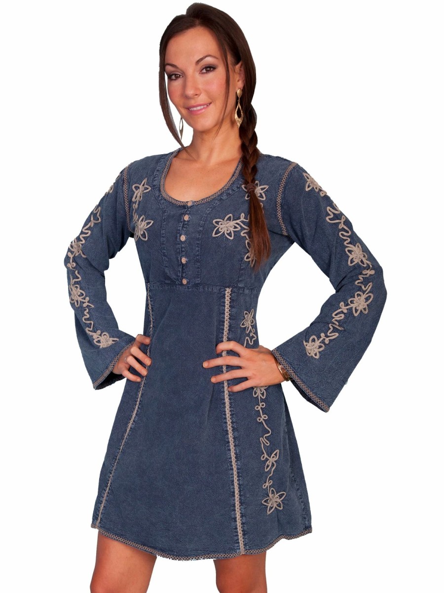 Dresses * | Scully Cantina Collection Scoop Neck Dress Dark Blue 100% Cotton Crochet L/S