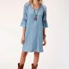 Dresses * | Roper Womens Blue Denim A-Line S/S Geometric Dress