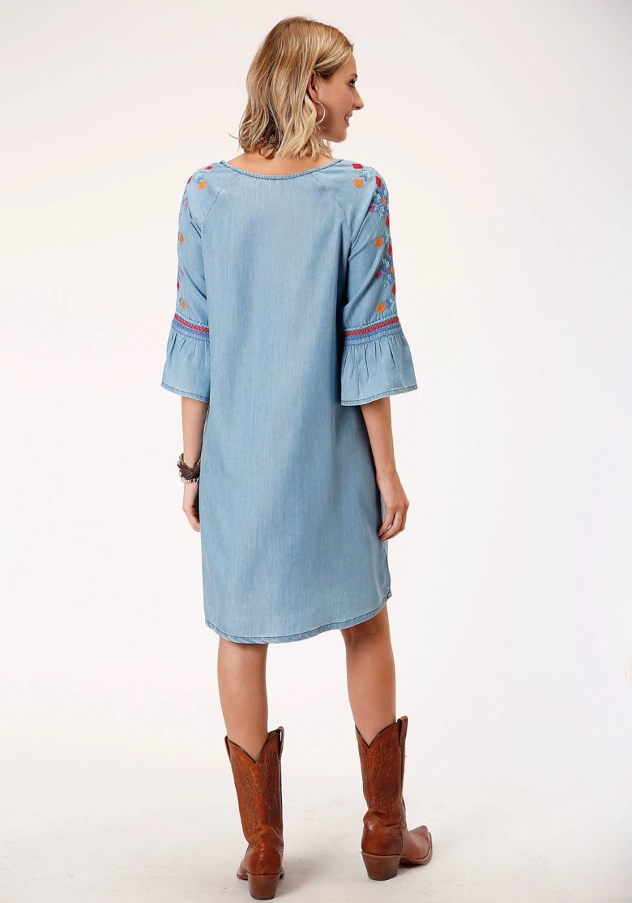 Dresses * | Roper Womens Blue Denim A-Line S/S Geometric Dress