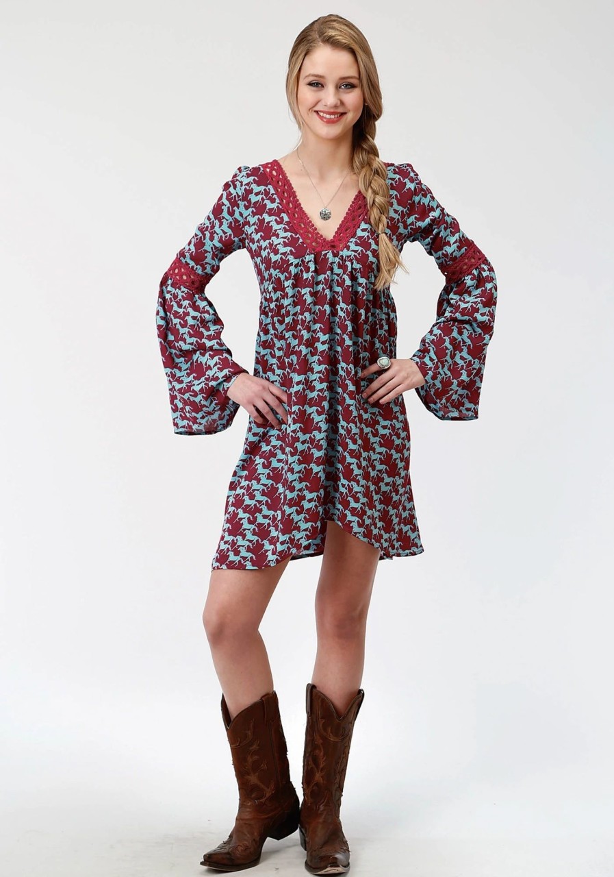 Dresses * | Roper Womens Red Rayon/Nylon Stampede Print L/S Dress