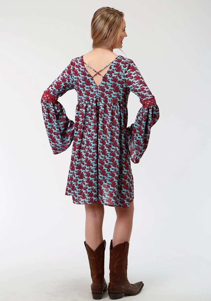 Dresses * | Roper Womens Red Rayon/Nylon Stampede Print L/S Dress