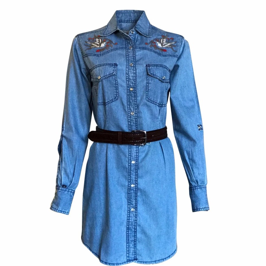 Dresses * | Rockmount Womens Denim 100% Cotton Flying Swallow L/S Shirt Dress