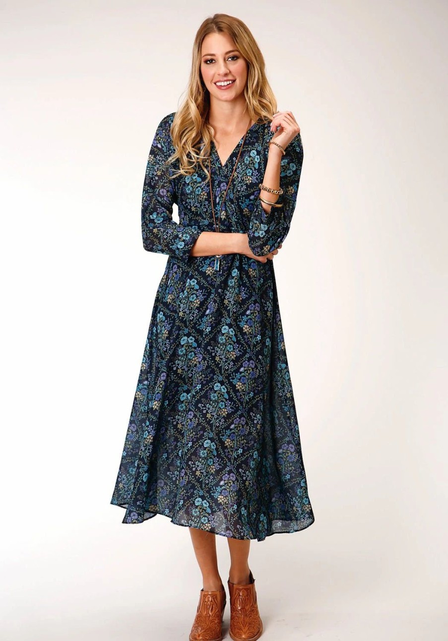 Dresses * | Roper Womens Blue Polyester Floral Diamonds S/S Dress