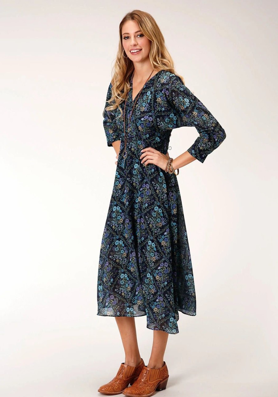 Dresses * | Roper Womens Blue Polyester Floral Diamonds S/S Dress