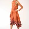 Dresses * | Roper Womens Orange Polyester Midi Border Print S/L Dress