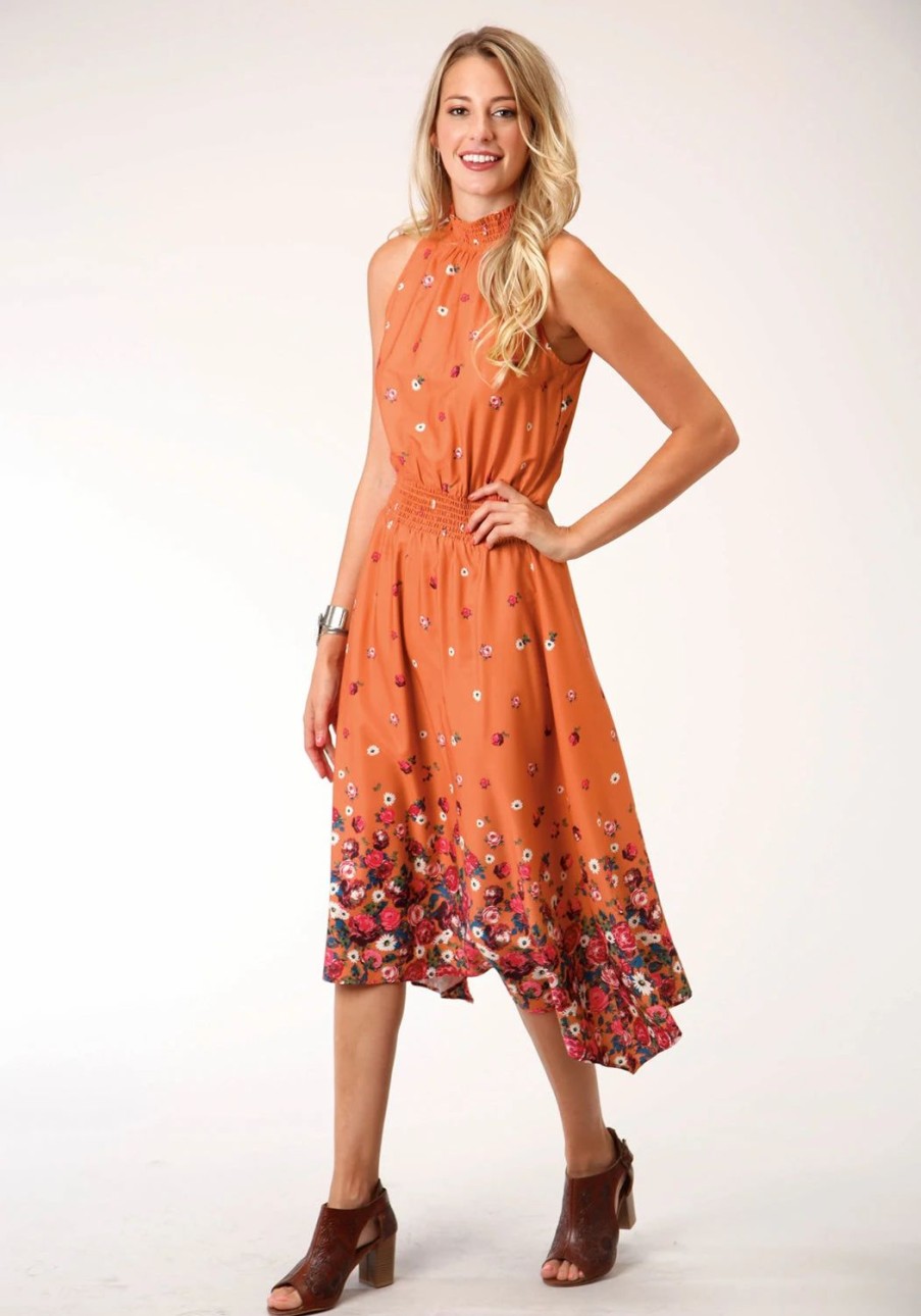 Dresses * | Roper Womens Orange Polyester Midi Border Print S/L Dress