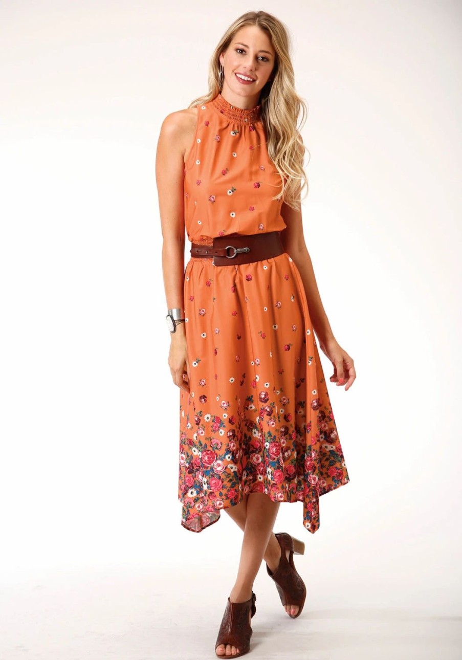 Dresses * | Roper Womens Orange Polyester Midi Border Print S/L Dress