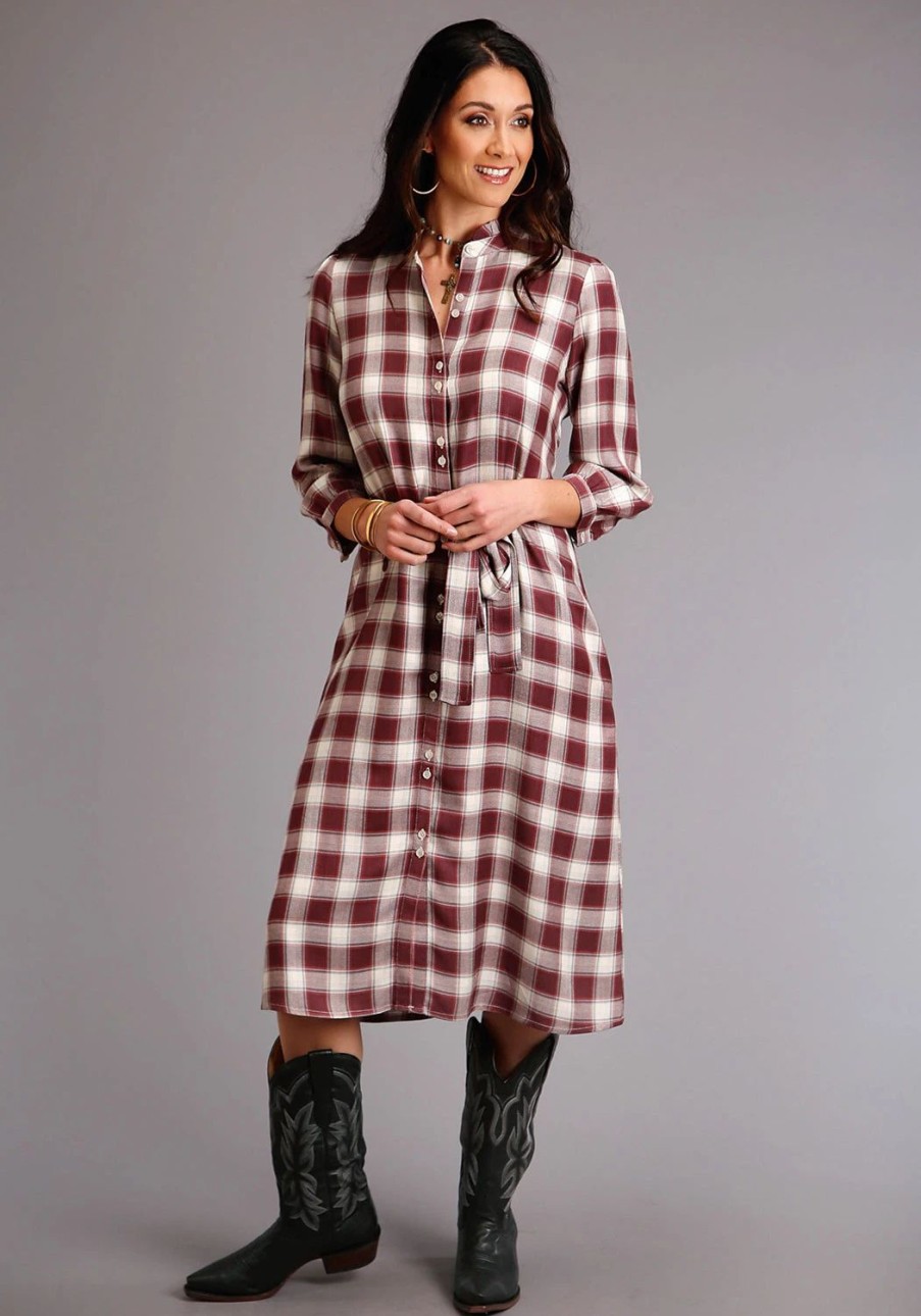 Dresses * | Stetson Womens Wine Rayon/Nylon Gaucho Plaid 3/4 Sleeve Dress