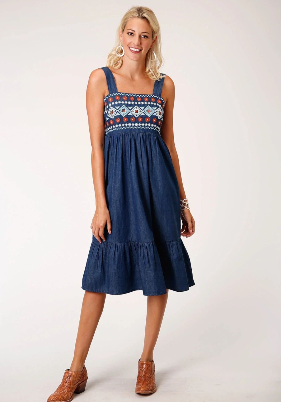 Dresses * | Roper Womens Indigo Blue 100% Cotton Midi Length S/L Dress