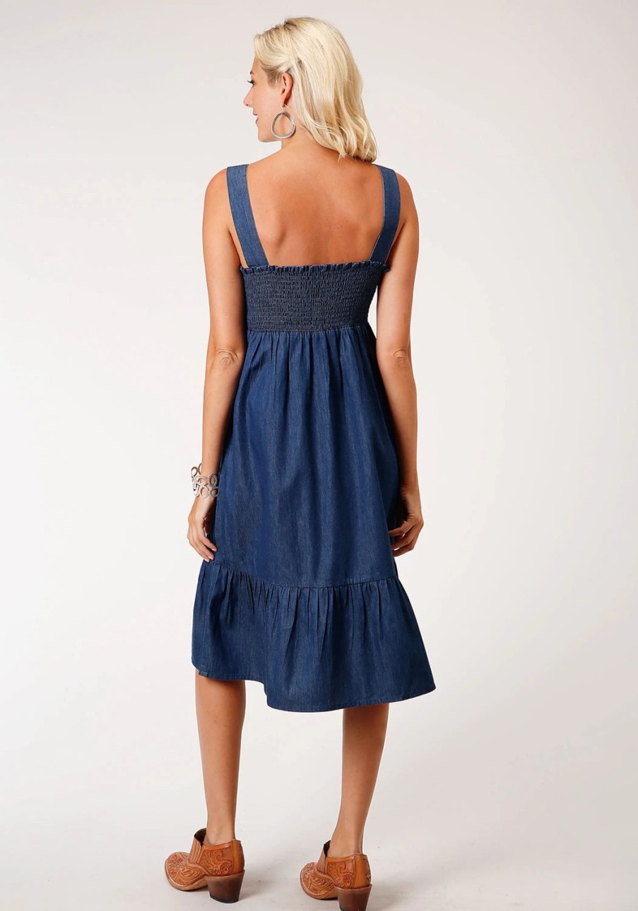 Dresses * | Roper Womens Indigo Blue 100% Cotton Midi Length S/L Dress