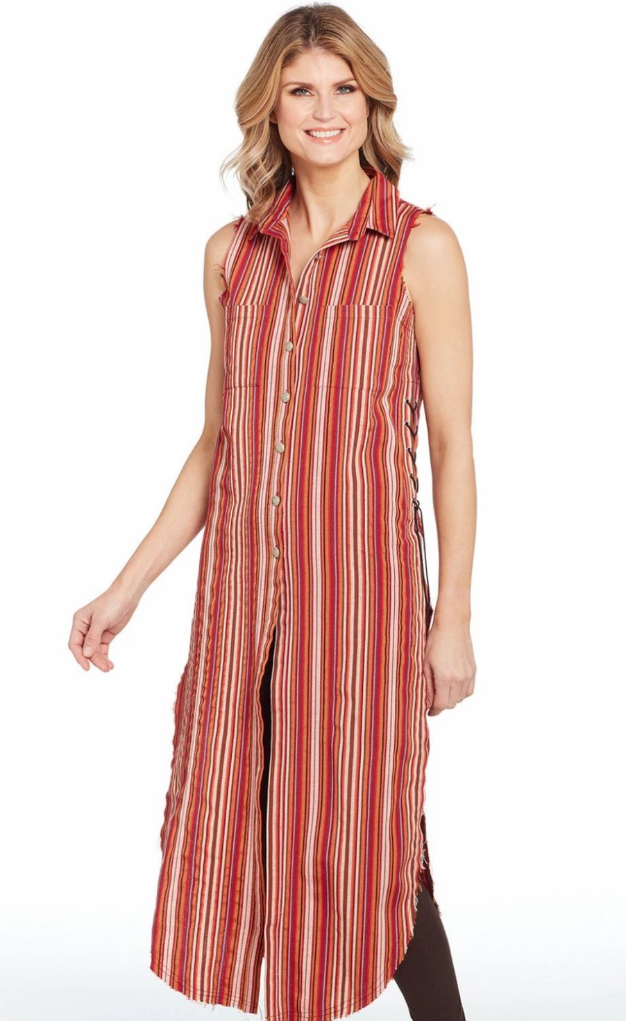 Dresses * | Cripple Creek Womens Lace-Up Side Duster Red Multi S/L Dress