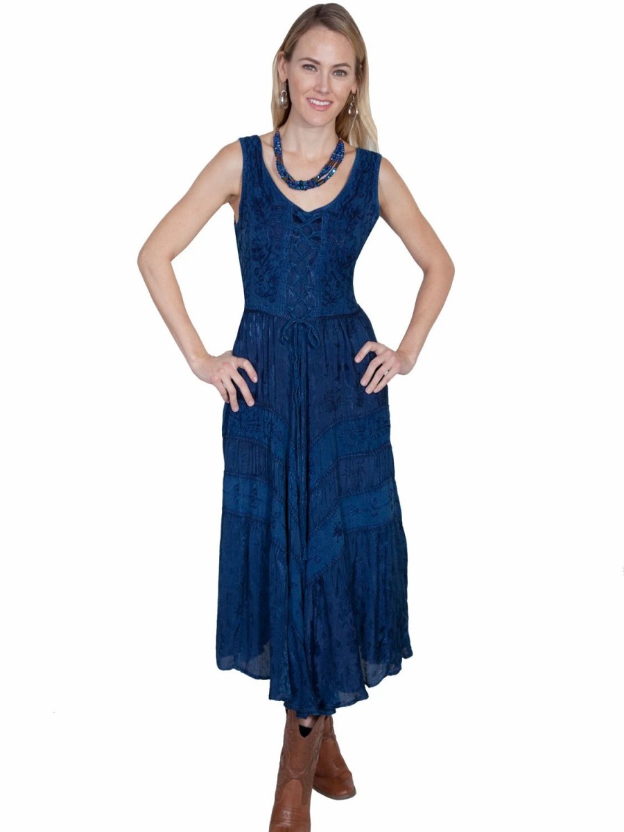 Dresses * | Scully Honey Creek Womens Full Length Dress Blue 100% Rayon Lace Up