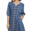 Dresses * | Furmo Cowgirl Up Womens Vintage Denim 100% Cotton Embroidered Dress S/S S