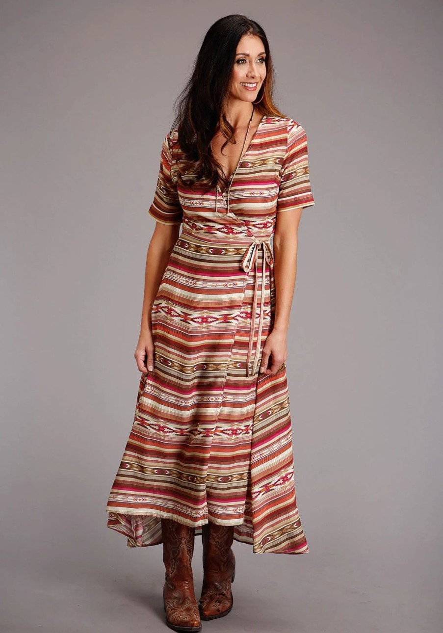 Dresses * | Stetson Womens Red Multi-Color Rayon/Nylon Aztec S/S Dress