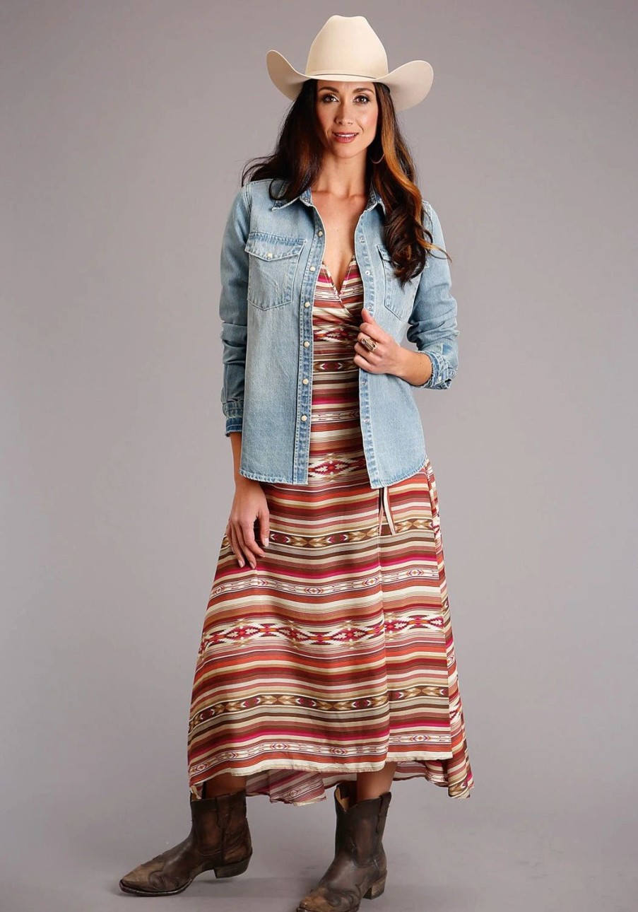 Dresses * | Stetson Womens Red Multi-Color Rayon/Nylon Aztec S/S Dress