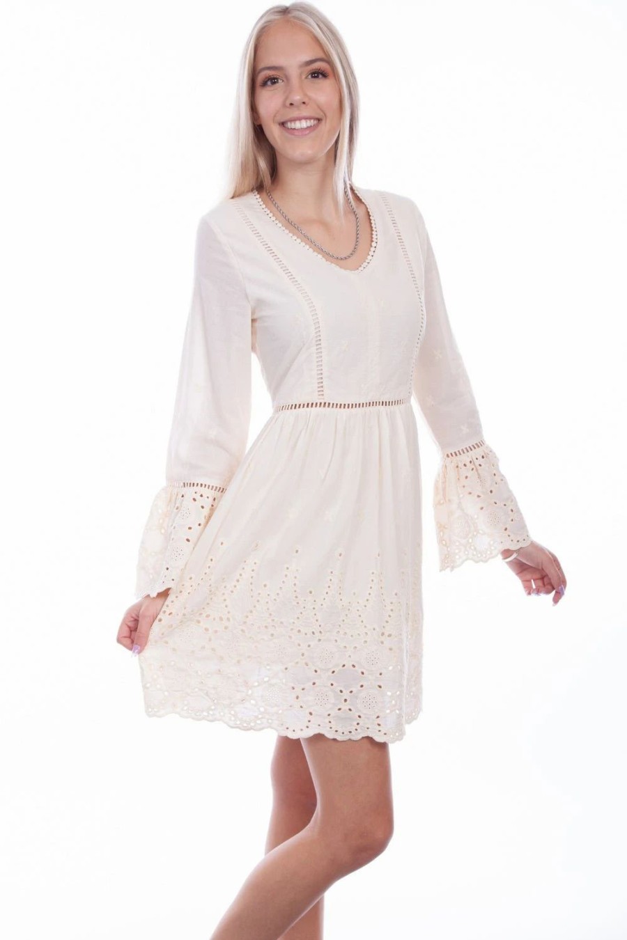 Dresses * | Scully Womens Ivory 100% Cotton Ladder Lace L/S Dress