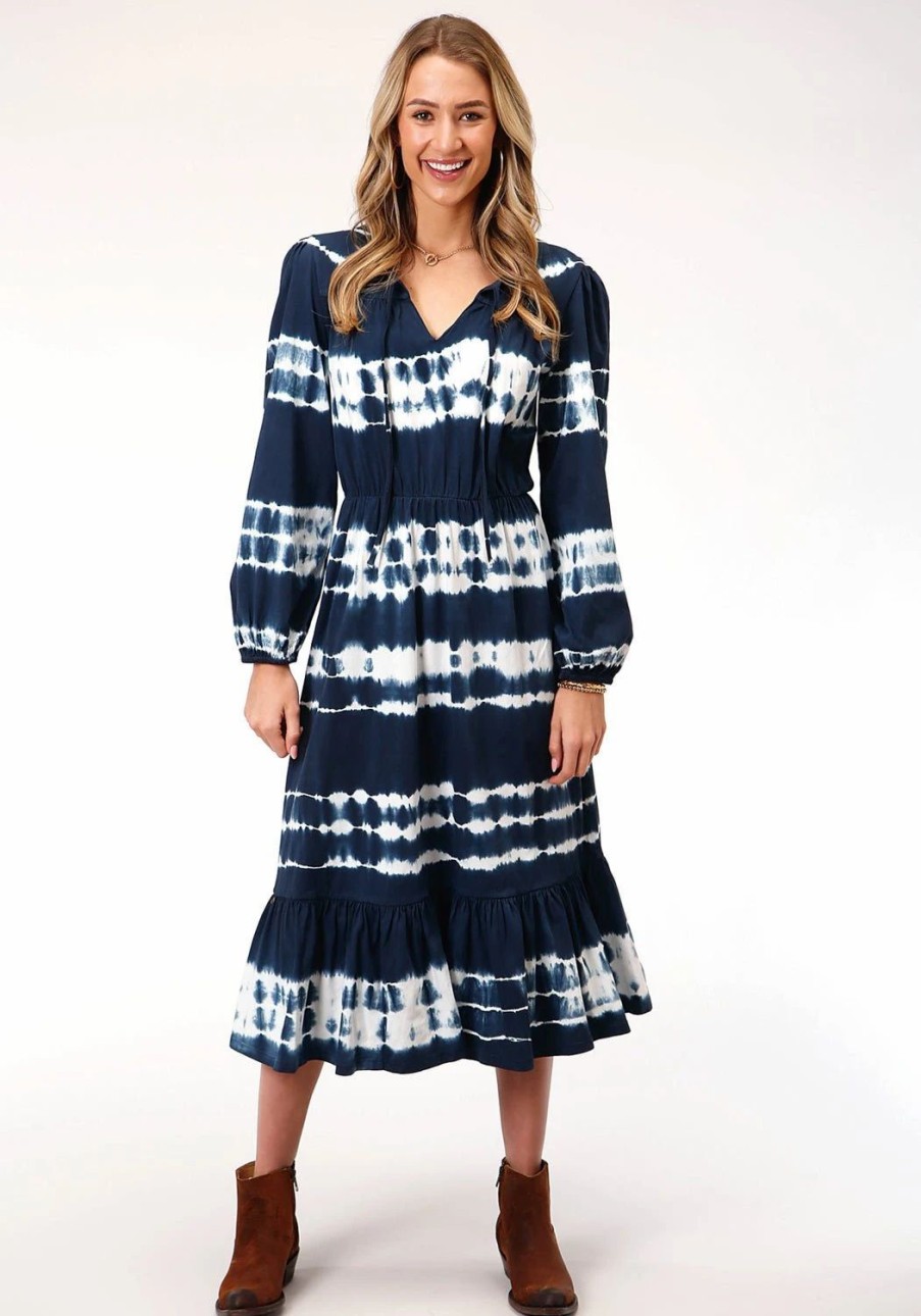 Dresses * | Roper Womens Indigo/White 100% Cotton Tie Dye L/S Dress