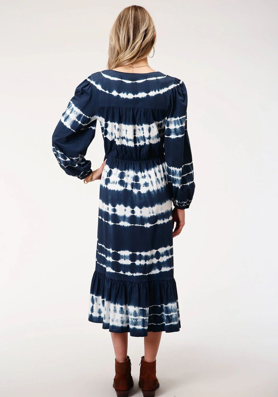 Dresses * | Roper Womens Indigo/White 100% Cotton Tie Dye L/S Dress