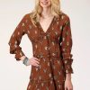 Dresses * | Roper Womens Brown Rayon/Nylon Cow Skulls L/S Dress