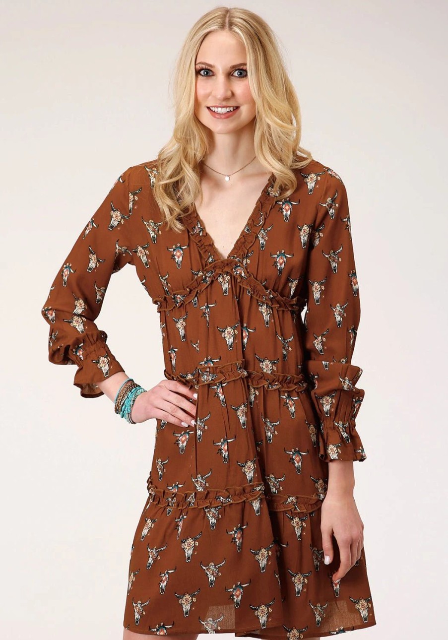 Dresses * | Roper Womens Brown Rayon/Nylon Cow Skulls L/S Dress