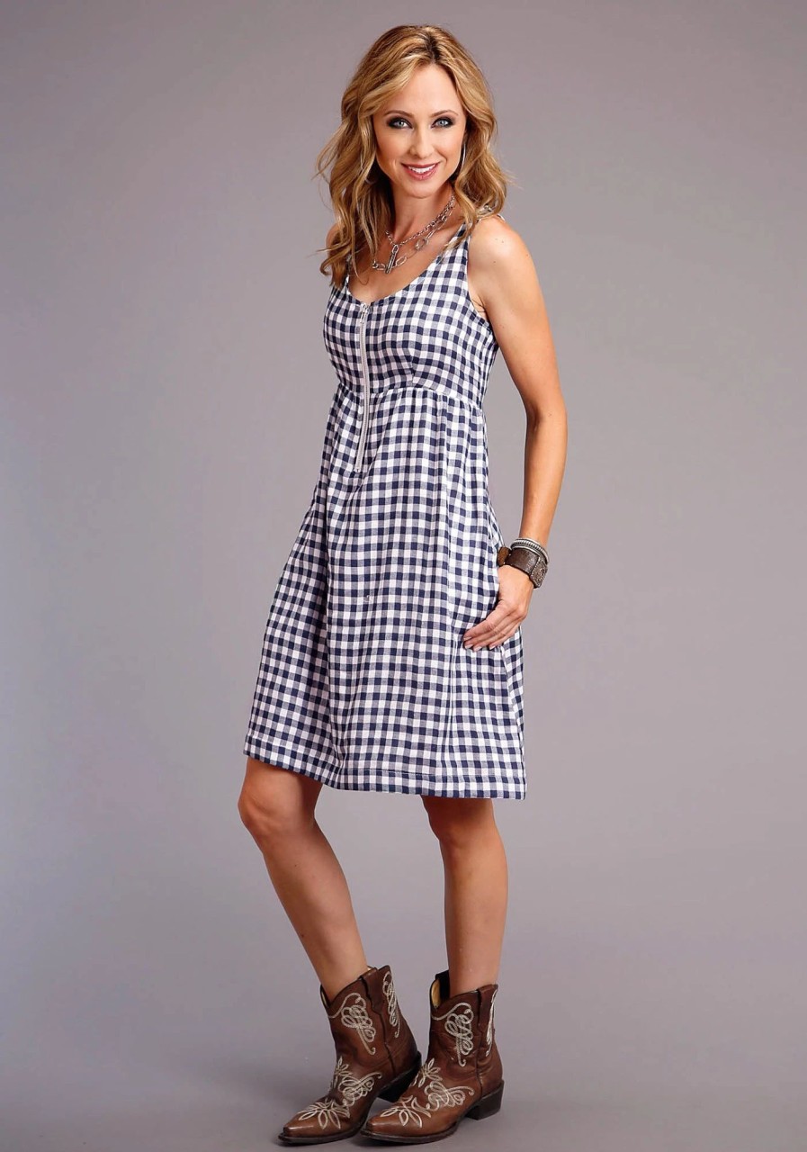 Dresses * | Stetson Womens Navy/White Cotton Blend Gingham Tank S/L Dress